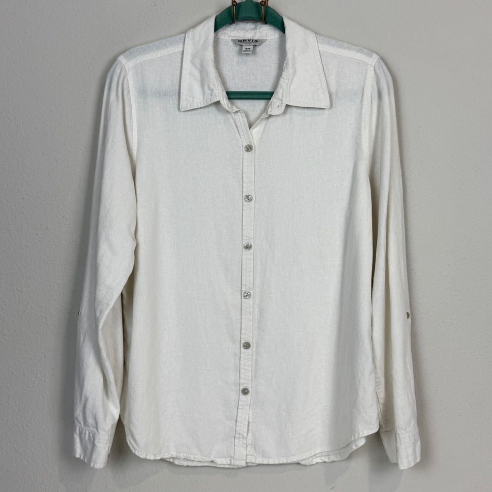 Orvis White Linen Cotton Convertible Sleeve Shirt M